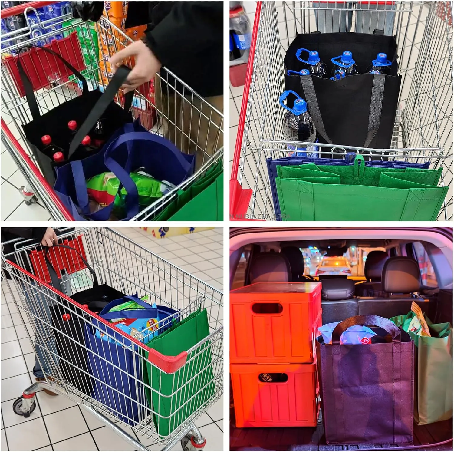 10 or 6 Pack Reusable Reinforced Handle Grocery Bags Heavy Duty Large Shopping Totes Thick Plastic Bottom can hold 45 lbs