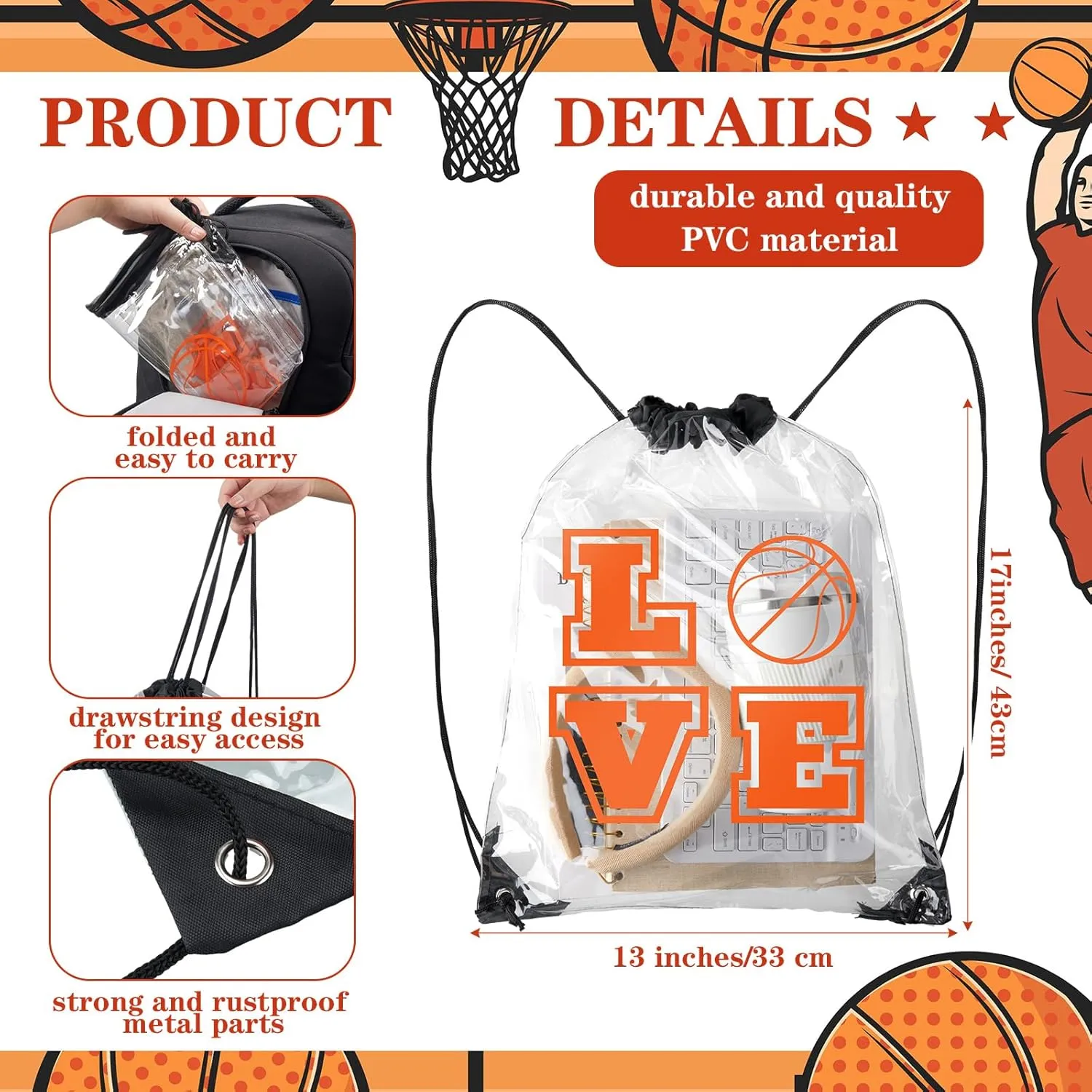 12 Pcs Clear Drawstring Bags Gift Packaging Party Favor Bags Drawstring Backpack Adjustable for Men Women Sports(Basketball)