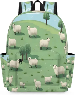 15.1 Inch Casual Backpack Herd Sheep Small Backpack with Multiple Pocket Waterproof Mini Bags Daypack with Chest Strap Sheeps on Hillside Meadow Travel Bag