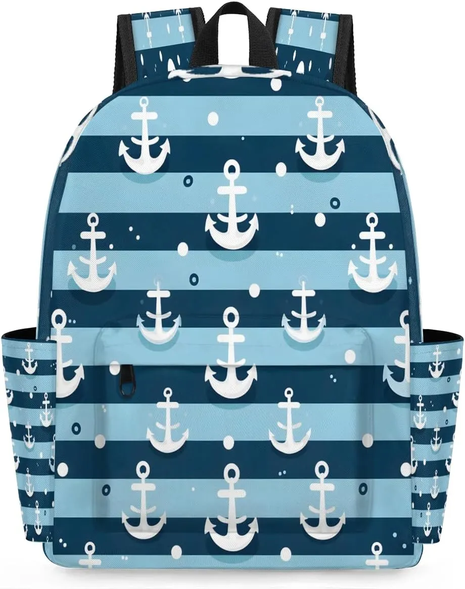 15.1 Inch Casual Backpack Stripe Marine Anchor Small Backpack with Multiple Pocket Waterproof Mini Bags Daypack with Chest Strap Anchor Travel Bag