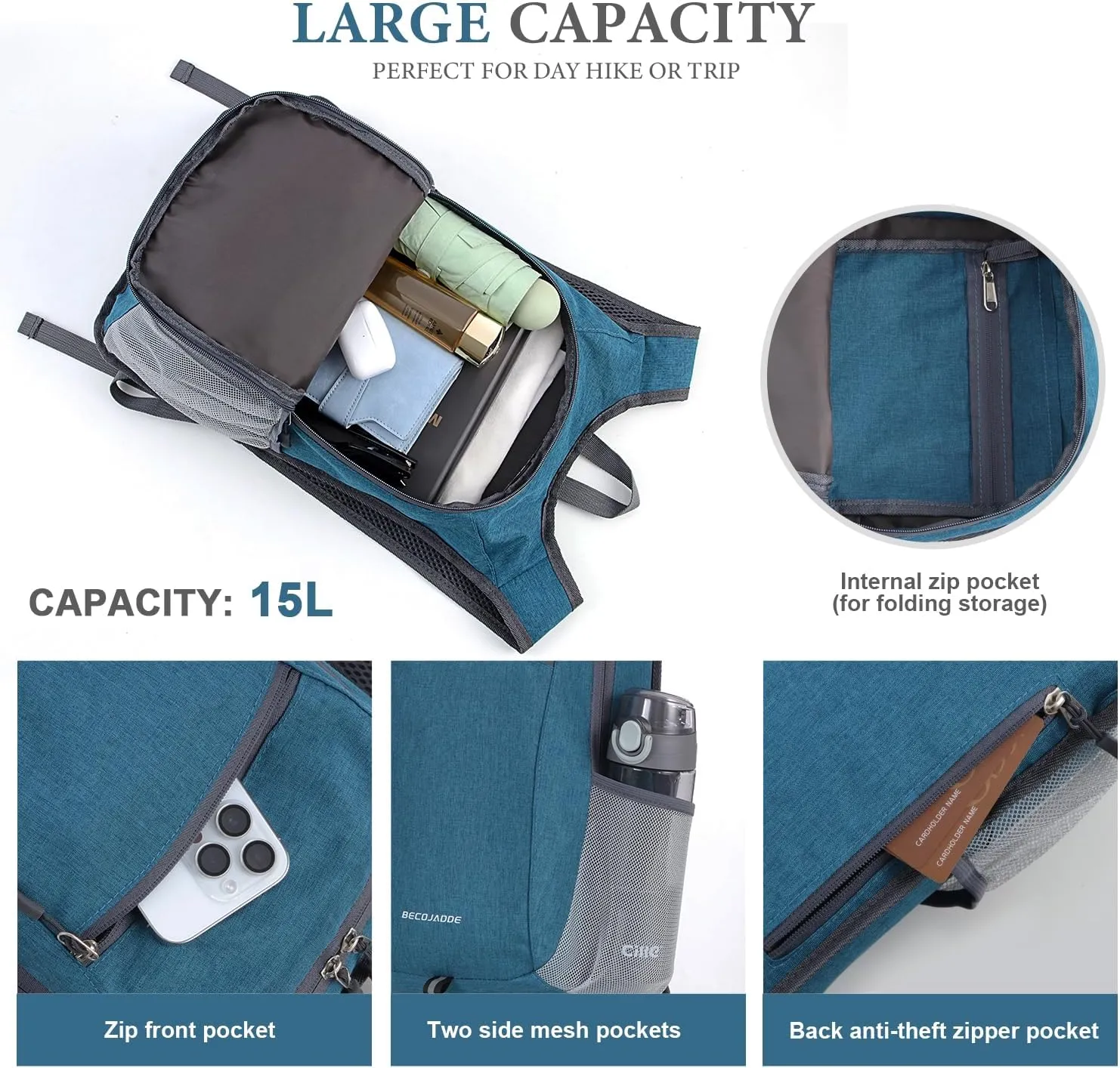 15L Hiking Backpack Small Travel Backpack Lightweight Packable Backpacks Casual Daypack for Women and Men, Turquoise