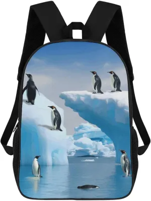 17 Inch Shoulder Backpack Penguins On The Iceberg Printed Waterproof Camping Bag Multi Functional Daypack for Men Women Travel Hiking Commute