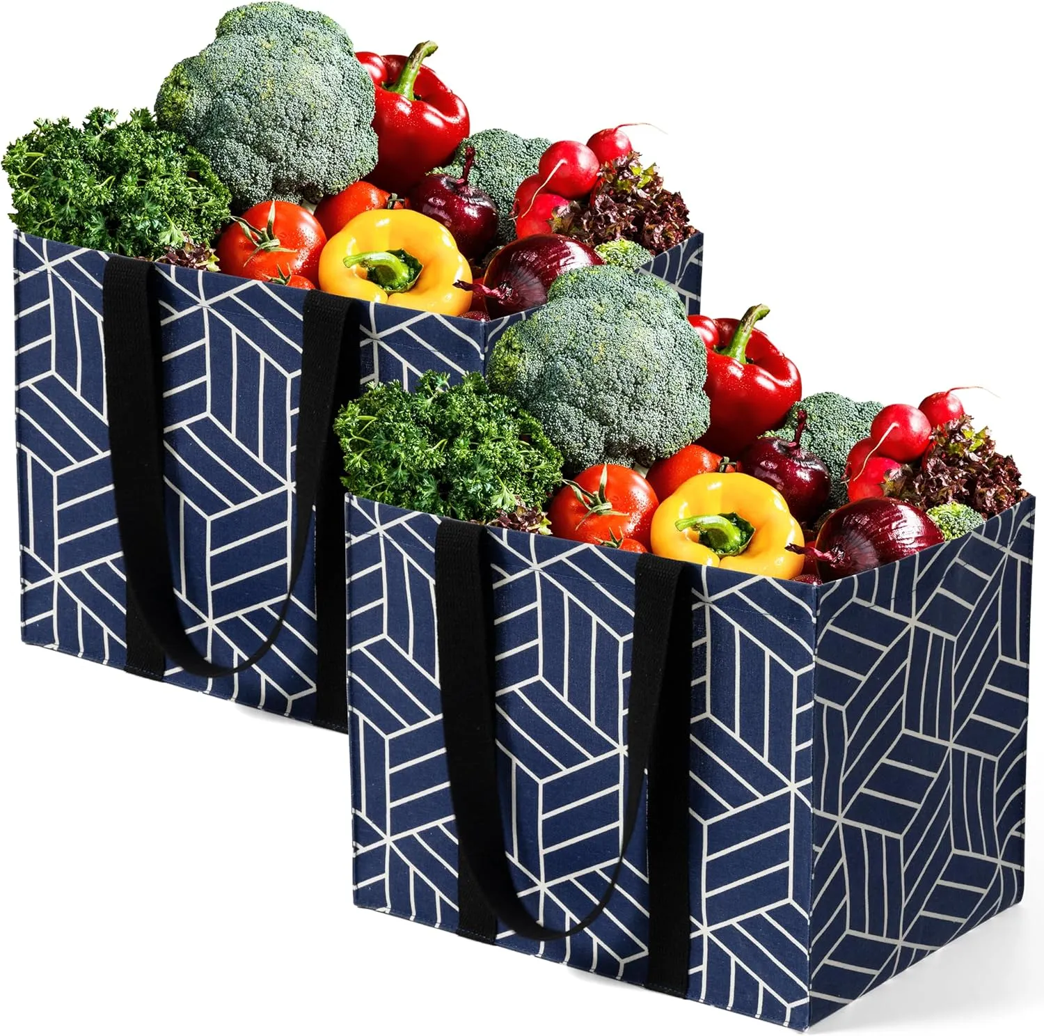 2 Pack Reusable Grocery Bags, Foldable Shopping Basket, Daily Utility Storage, Reinforced Bottom Handles Waterproof, Navy
