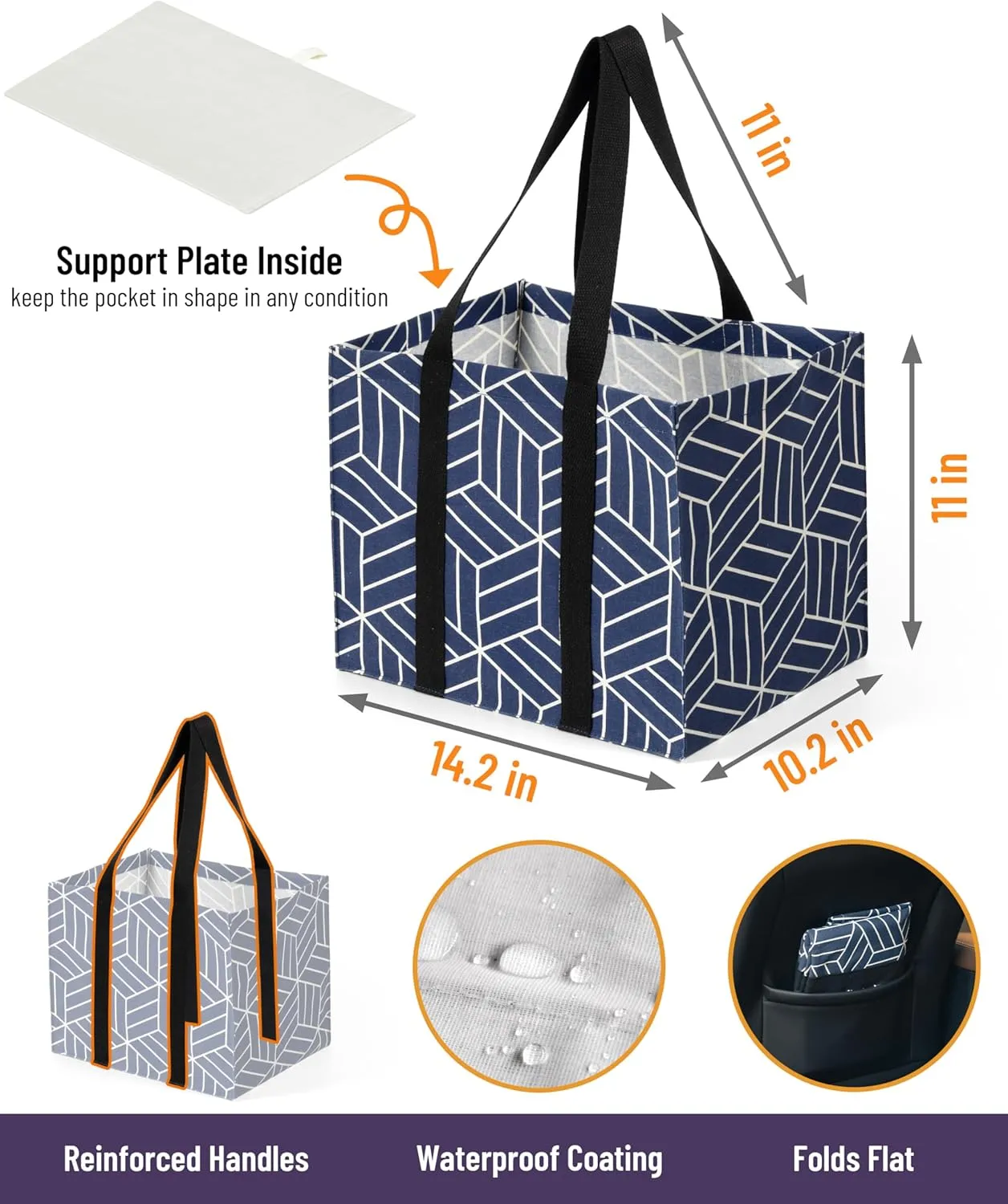 2 Pack Reusable Grocery Bags, Foldable Shopping Basket, Daily Utility Storage, Reinforced Bottom Handles Waterproof, Navy