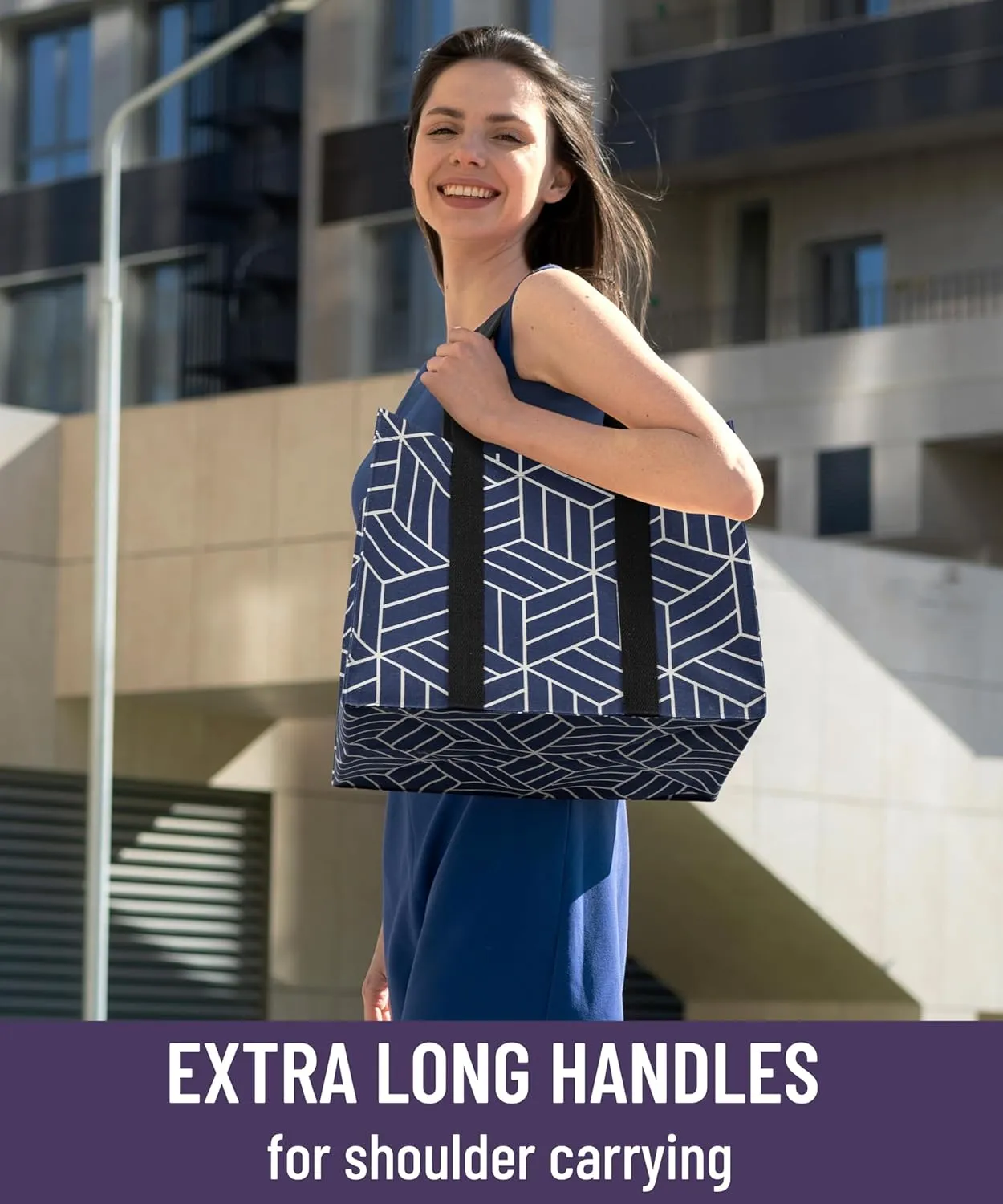 2 Pack Reusable Grocery Bags, Foldable Shopping Basket, Daily Utility Storage, Reinforced Bottom Handles Waterproof, Navy