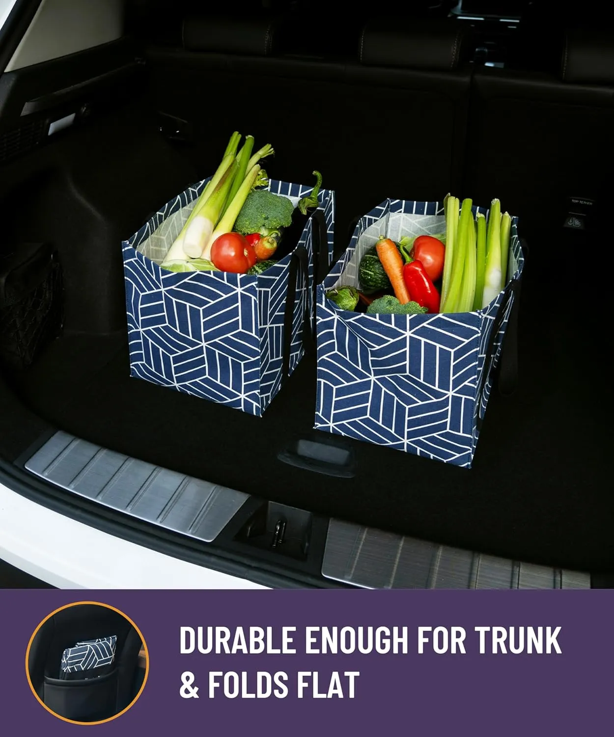 2 Pack Reusable Grocery Bags, Foldable Shopping Basket, Daily Utility Storage, Reinforced Bottom Handles Waterproof, Navy