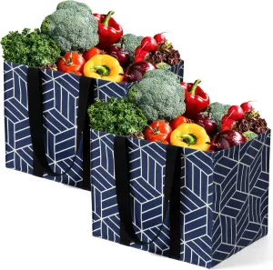 2 Pack Reusable Grocery Bags, Foldable Shopping Basket, Daily Utility Storage, Reinforced Bottom Handles Waterproof, Navy