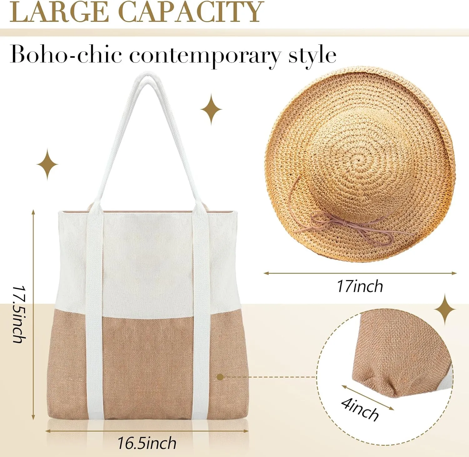 2 Pcs Large Beach Tote Bag Travel Tote Hat Bag for Women with Sun Hat Holder Strap Boho Summer Beach