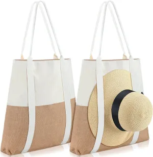 2 Pcs Large Beach Tote Bag Travel Tote Hat Bag for Women with Sun Hat Holder Strap Boho Summer Beach