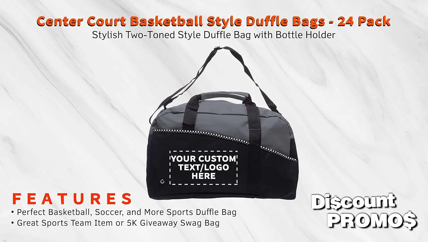 24 Center Court Duffel Bags Set - Customizable Text, Logo - Polyester, Zippered, Front Pocket, Adjustable Strap - Grey