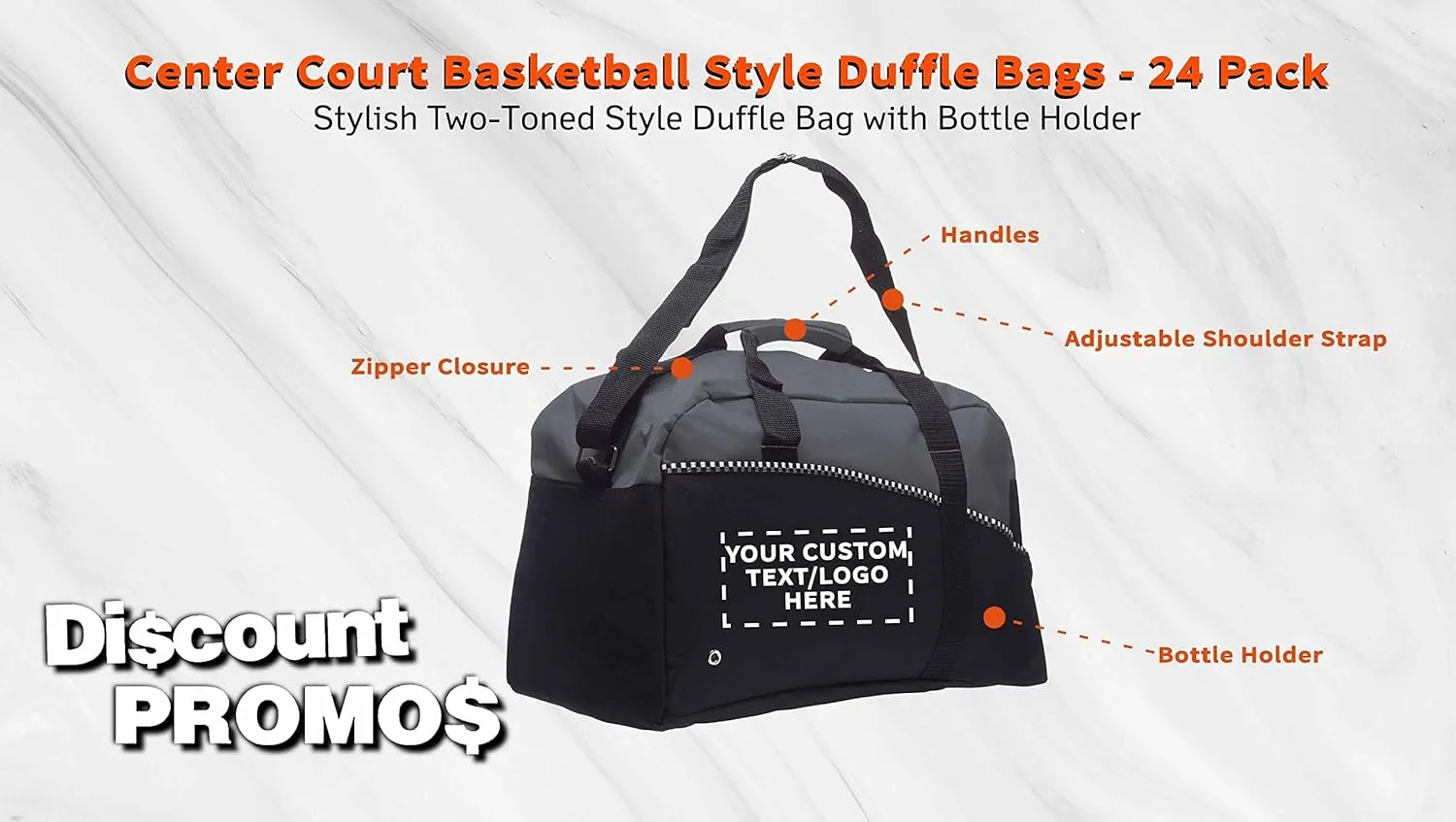 24 Center Court Duffel Bags Set - Customizable Text, Logo - Polyester, Zippered, Front Pocket, Adjustable Strap - Grey
