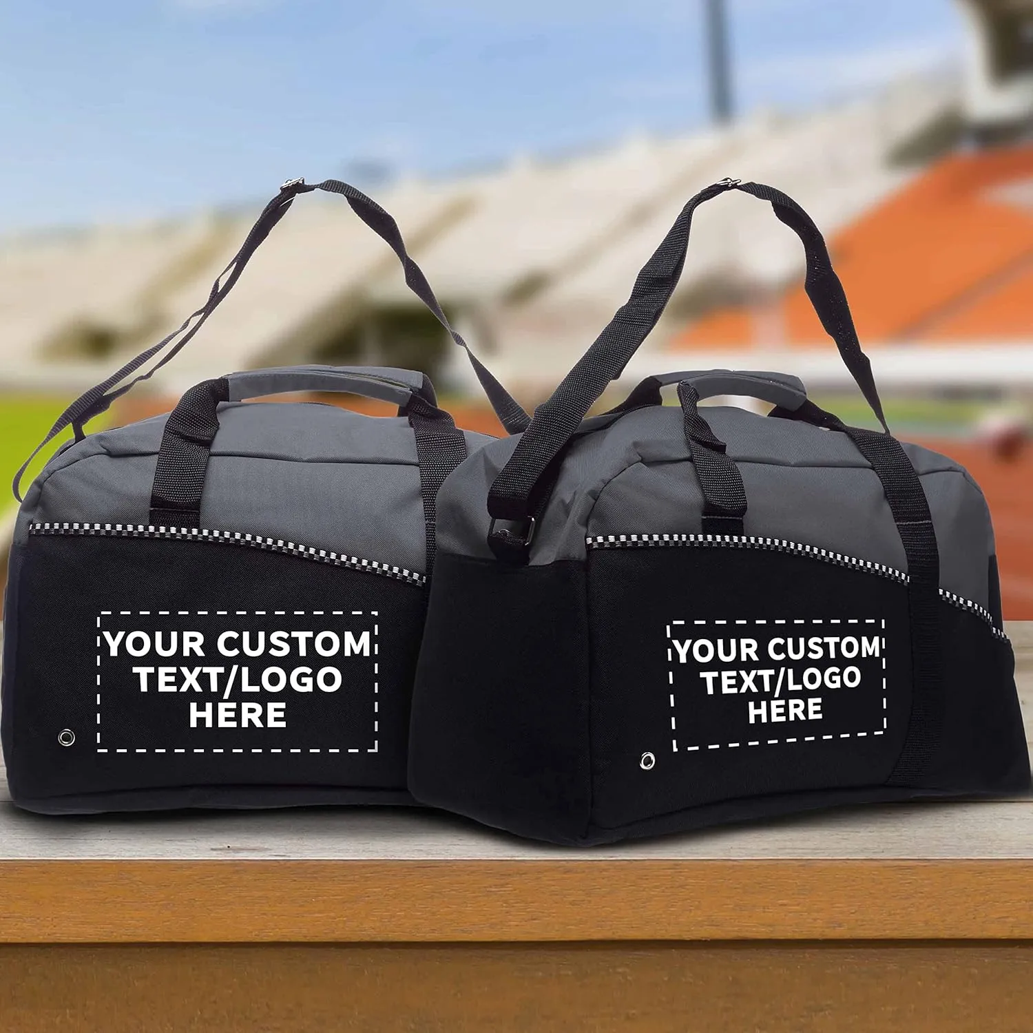 24 Center Court Duffel Bags Set - Customizable Text, Logo - Polyester, Zippered, Front Pocket, Adjustable Strap - Grey