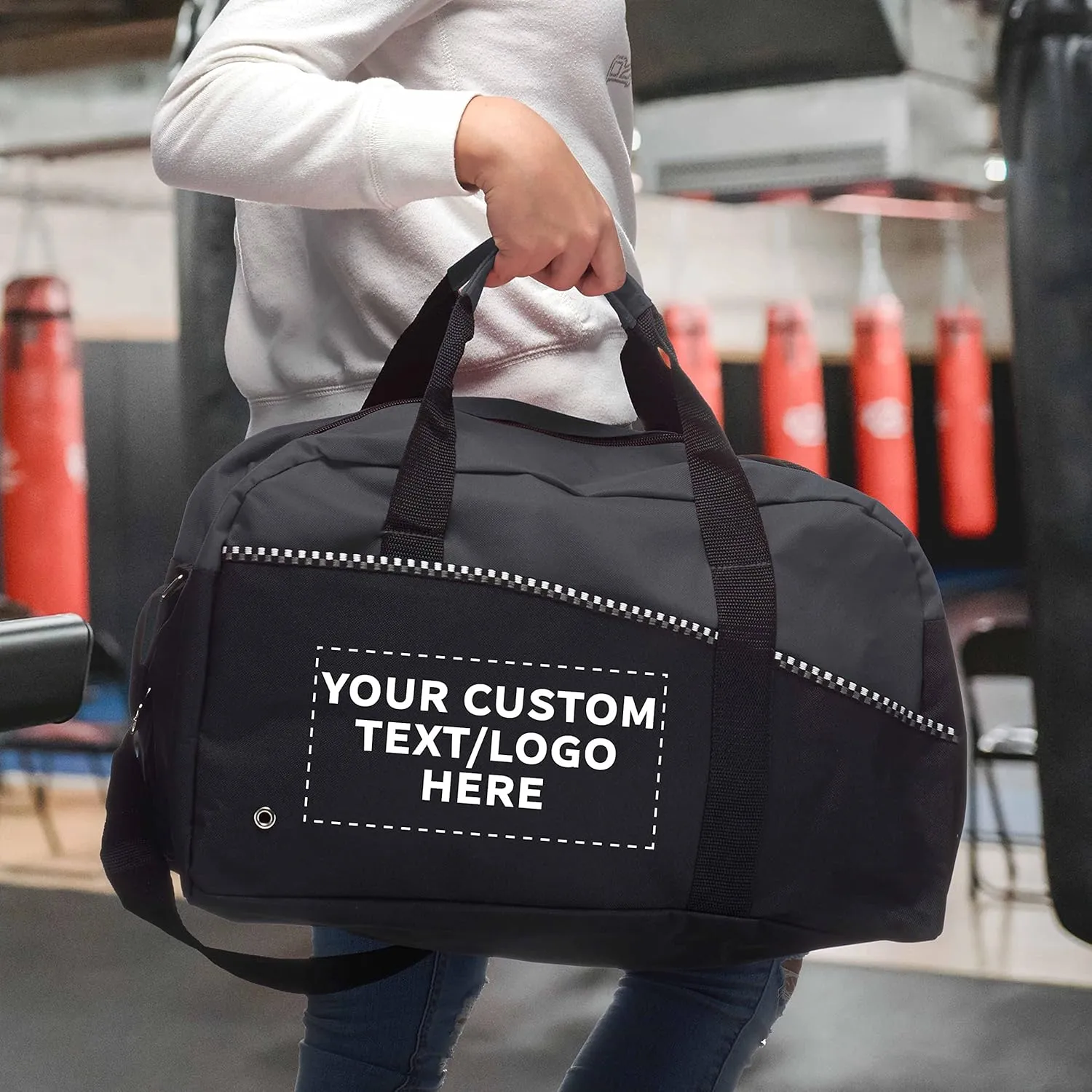 24 Center Court Duffel Bags Set - Customizable Text, Logo - Polyester, Zippered, Front Pocket, Adjustable Strap - Grey