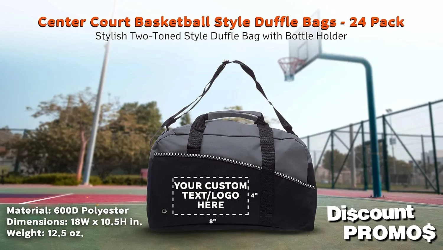 24 Center Court Duffel Bags Set - Customizable Text, Logo - Polyester, Zippered, Front Pocket, Adjustable Strap - Grey