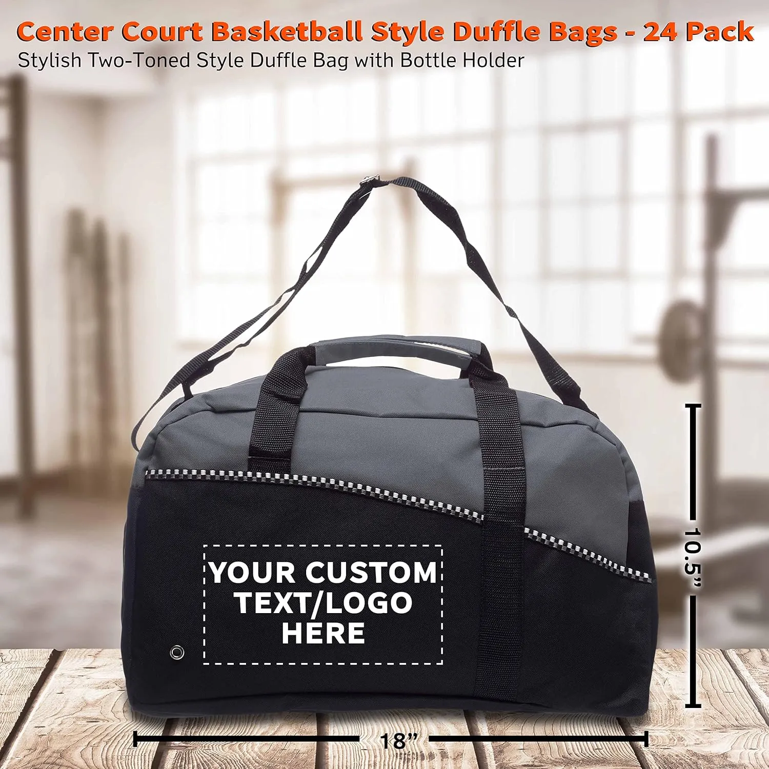 24 Center Court Duffel Bags Set - Customizable Text, Logo - Polyester, Zippered, Front Pocket, Adjustable Strap - Grey