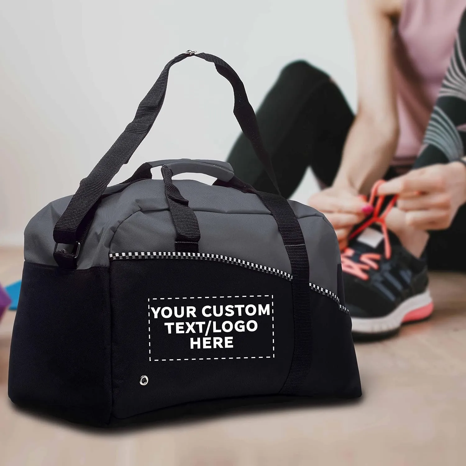 24 Center Court Duffel Bags Set - Customizable Text, Logo - Polyester, Zippered, Front Pocket, Adjustable Strap - Grey