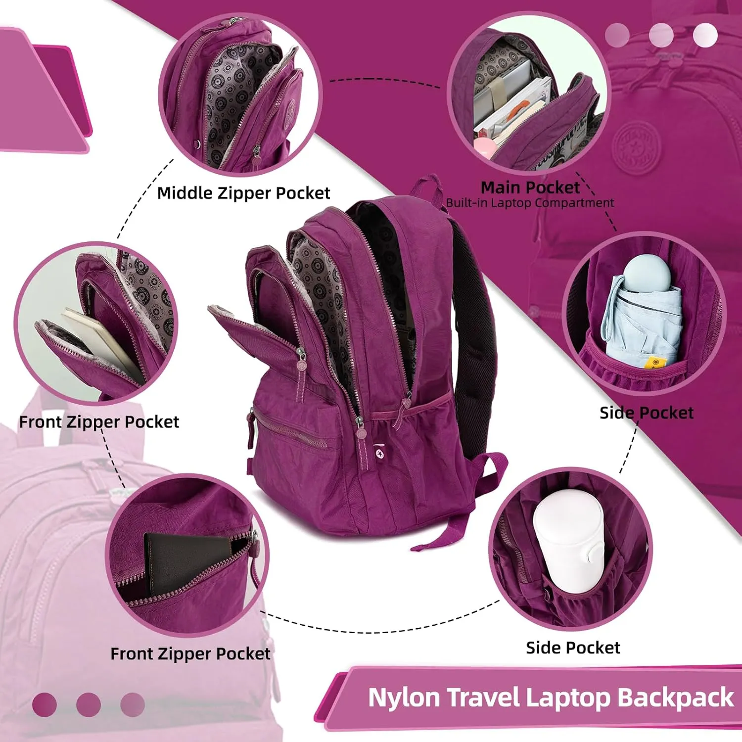 28L Casual Lightweight Backpack Large Nylon Travel Backpacks Multi-function Water Resistant Shoulder Bag for Women Men Outdoor Hiking and Cycling Sport - Rose Red