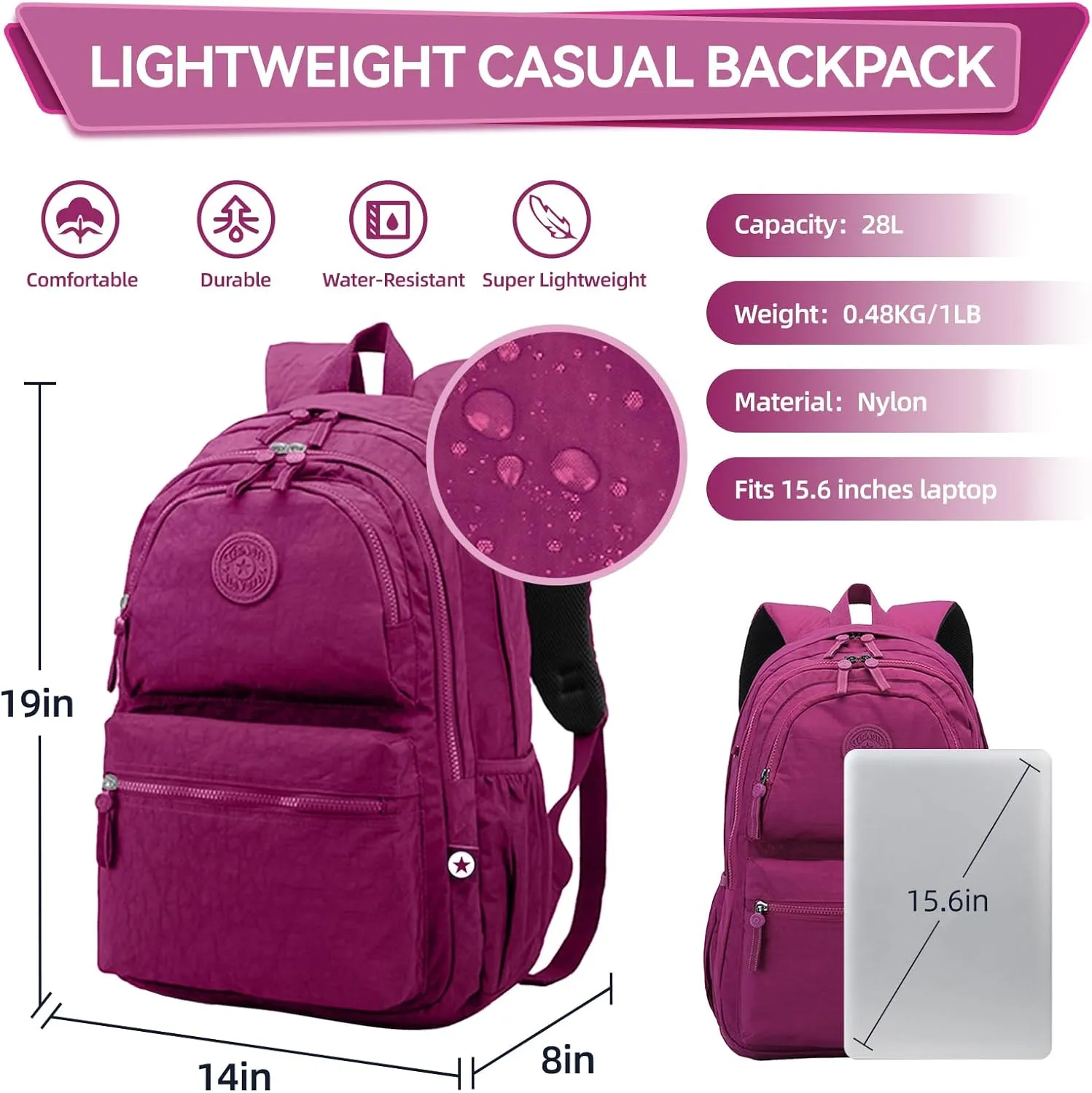 28L Casual Lightweight Backpack Large Nylon Travel Backpacks Multi-function Water Resistant Shoulder Bag for Women Men Outdoor Hiking and Cycling Sport - Rose Red