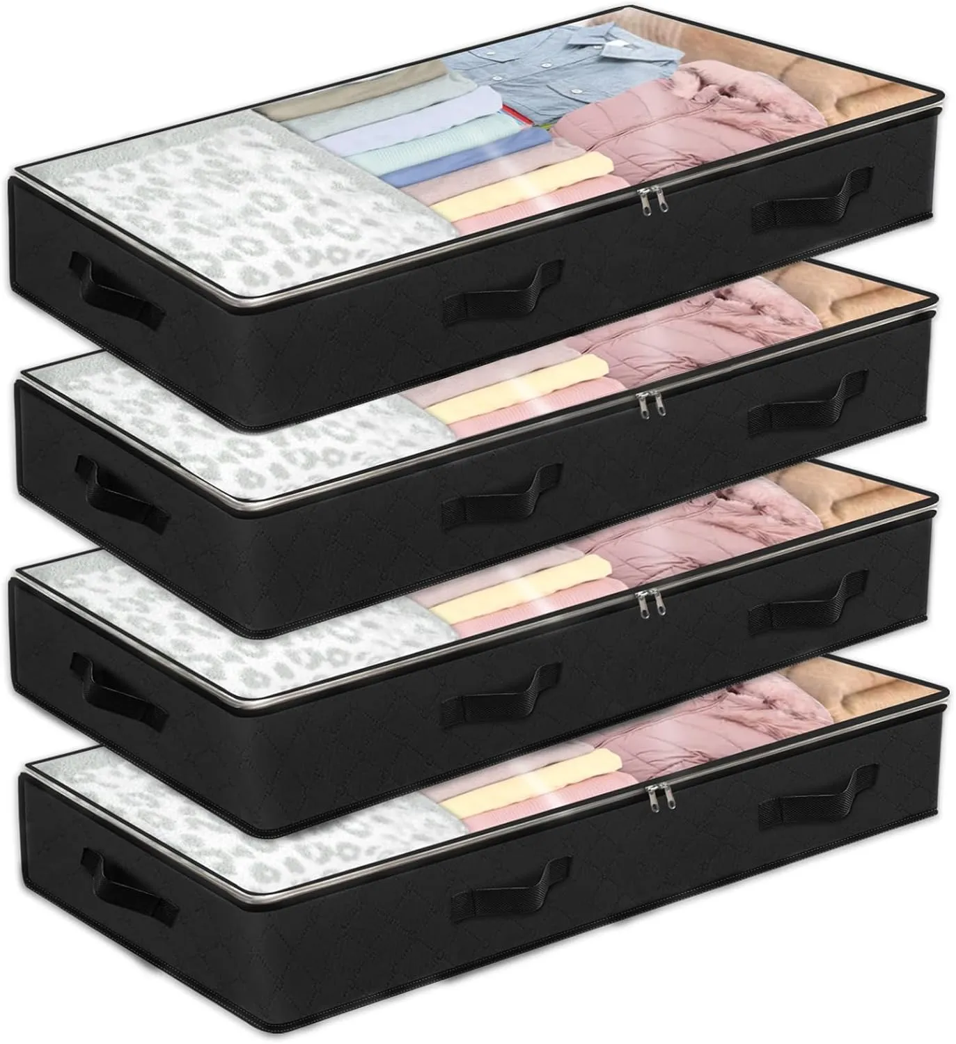 4 Pack Under bed Storage Containers, 90L Large Capacity Bedroom Closet Organizers and Storage Bins Foldable Underbed Storage Bags for Clothes, Blanket, Towels, Comforter, Sweaters, Linen Sheet - Black