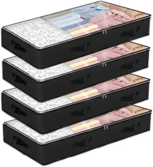 4 Pack Under bed Storage Containers, 90L Large Capacity Bedroom Closet Organizers and Storage Bins Foldable Underbed Storage Bags for Clothes, Blanket, Towels, Comforter, Sweaters, Linen Sheet - Black