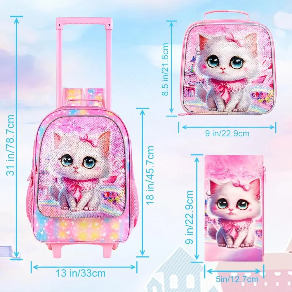 4PCS Rolling Backpack for Girls, Kids Cat Roller Backpacks with Wheels for Kids, Wheeled Bookbag Set for Toddler Elementary School