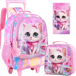 4PCS Rolling Backpack for Girls, Kids Cat Roller Backpacks with Wheels for Kids, Wheeled Bookbag Set for Toddler Elementary School
