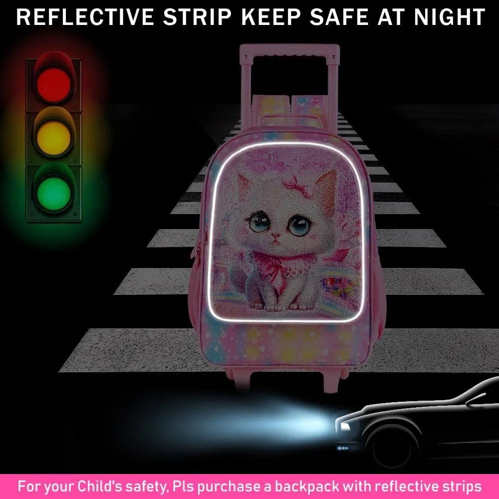 4PCS Rolling Backpack for Girls, Kids Cat Roller Backpacks with Wheels for Kids, Wheeled Bookbag Set for Toddler Elementary School