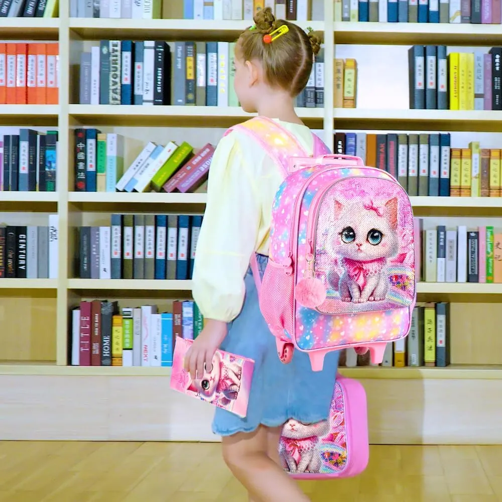 4PCS Rolling Backpack for Girls, Kids Cat Roller Backpacks with Wheels for Kids, Wheeled Bookbag Set for Toddler Elementary School