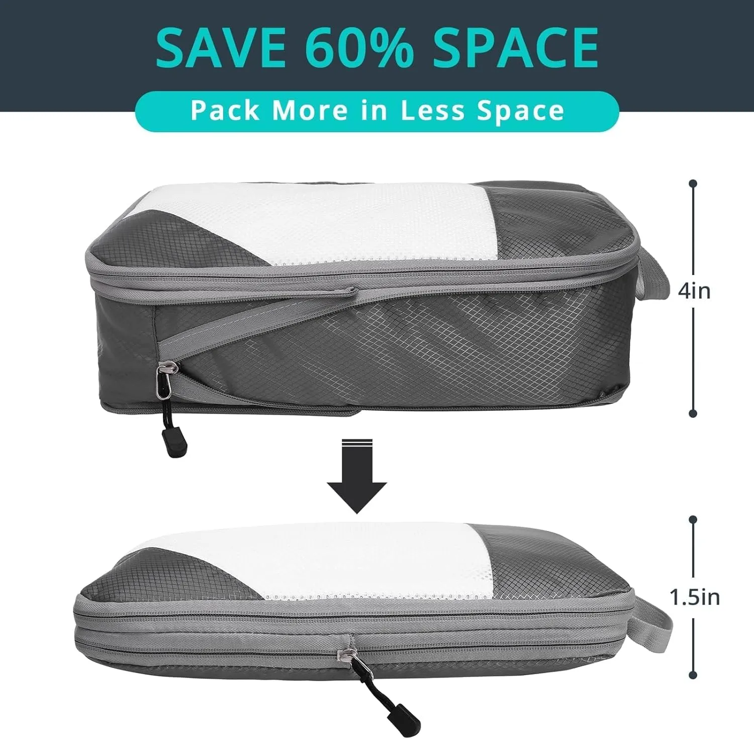 6 Set Compression Packing Cubes for Travel - Compressible, Lightweight, and Space-Saving Packing Cubes, Travel Essentials for Women, Grey