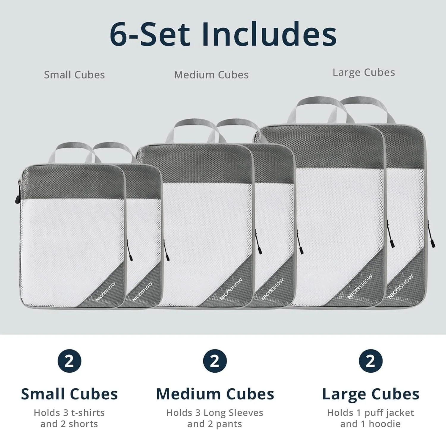 6 Set Compression Packing Cubes for Travel - Compressible, Lightweight, and Space-Saving Packing Cubes, Travel Essentials for Women, Grey