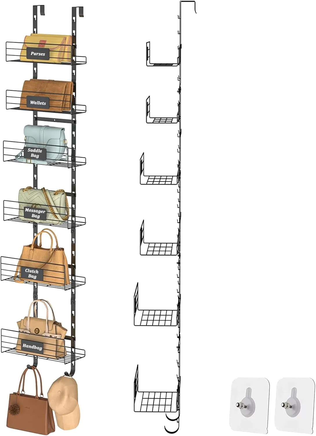 6 Tier Small Over The Door Purse Organizer with Bottom Hooks, Wall Mounted Detachable Handbag Storage Rack - Can Use As 1/2 Part, Iron Bag Organizer with Removable Baskets for Purse Storage