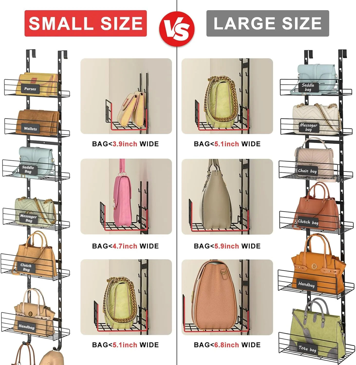 6 Tier Small Over The Door Purse Organizer with Bottom Hooks, Wall Mounted Detachable Handbag Storage Rack - Can Use As 1/2 Part, Iron Bag Organizer with Removable Baskets for Purse Storage