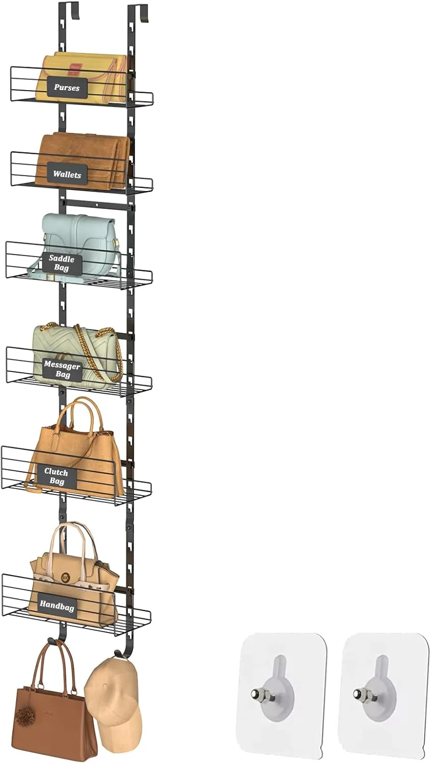 6 Tier Small Over The Door Purse Organizer with Bottom Hooks, Wall Mounted Detachable Handbag Storage Rack - Can Use As 1/2 Part, Iron Bag Organizer with Removable Baskets for Purse Storage