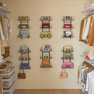 6 Tier Small Over The Door Purse Organizer with Bottom Hooks, Wall Mounted Detachable Handbag Storage Rack - Can Use As 1/2 Part, Iron Bag Organizer with Removable Baskets for Purse Storage