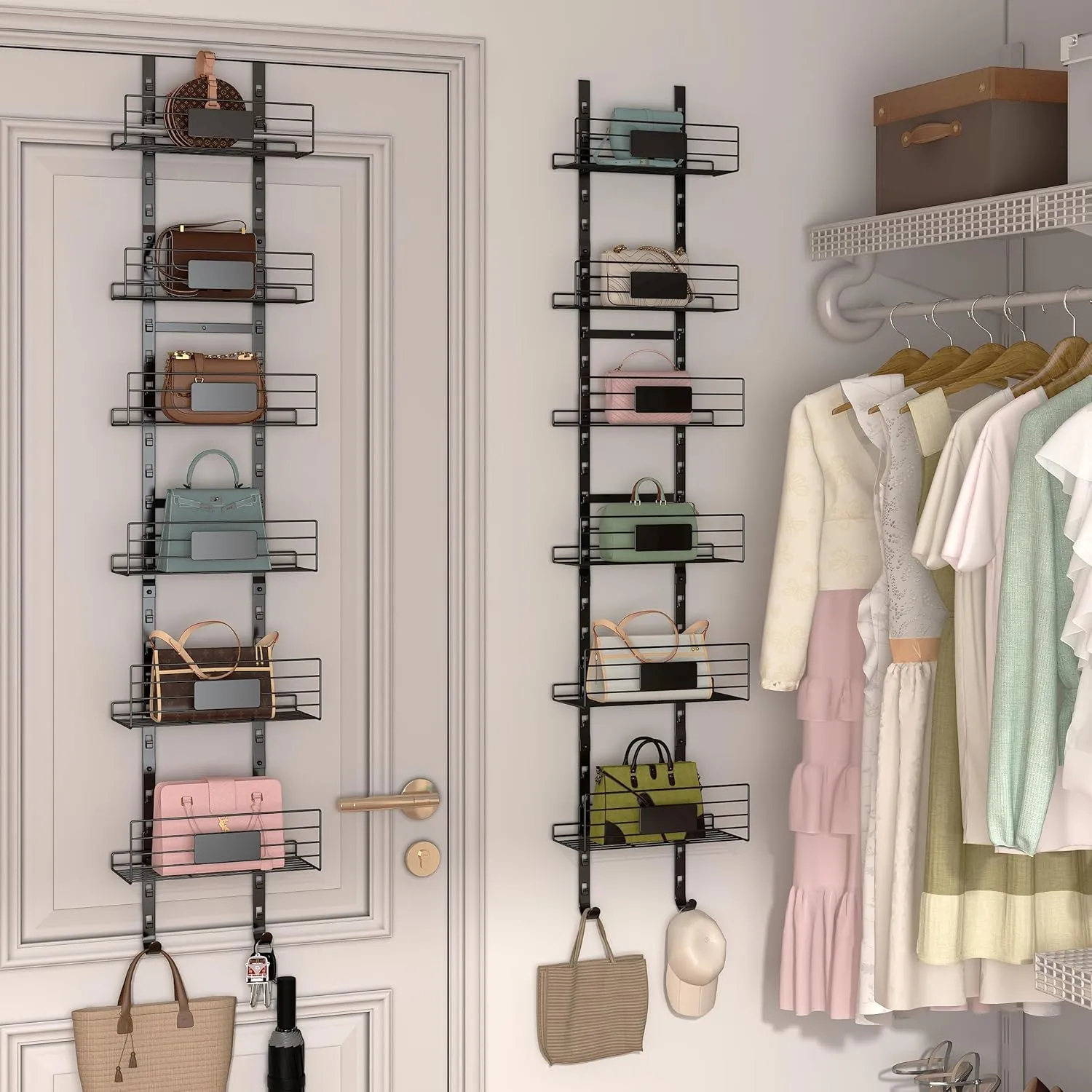 6 Tier Small Over The Door Purse Organizer with Bottom Hooks, Wall Mounted Detachable Handbag Storage Rack - Can Use As 1/2 Part, Iron Bag Organizer with Removable Baskets for Purse Storage