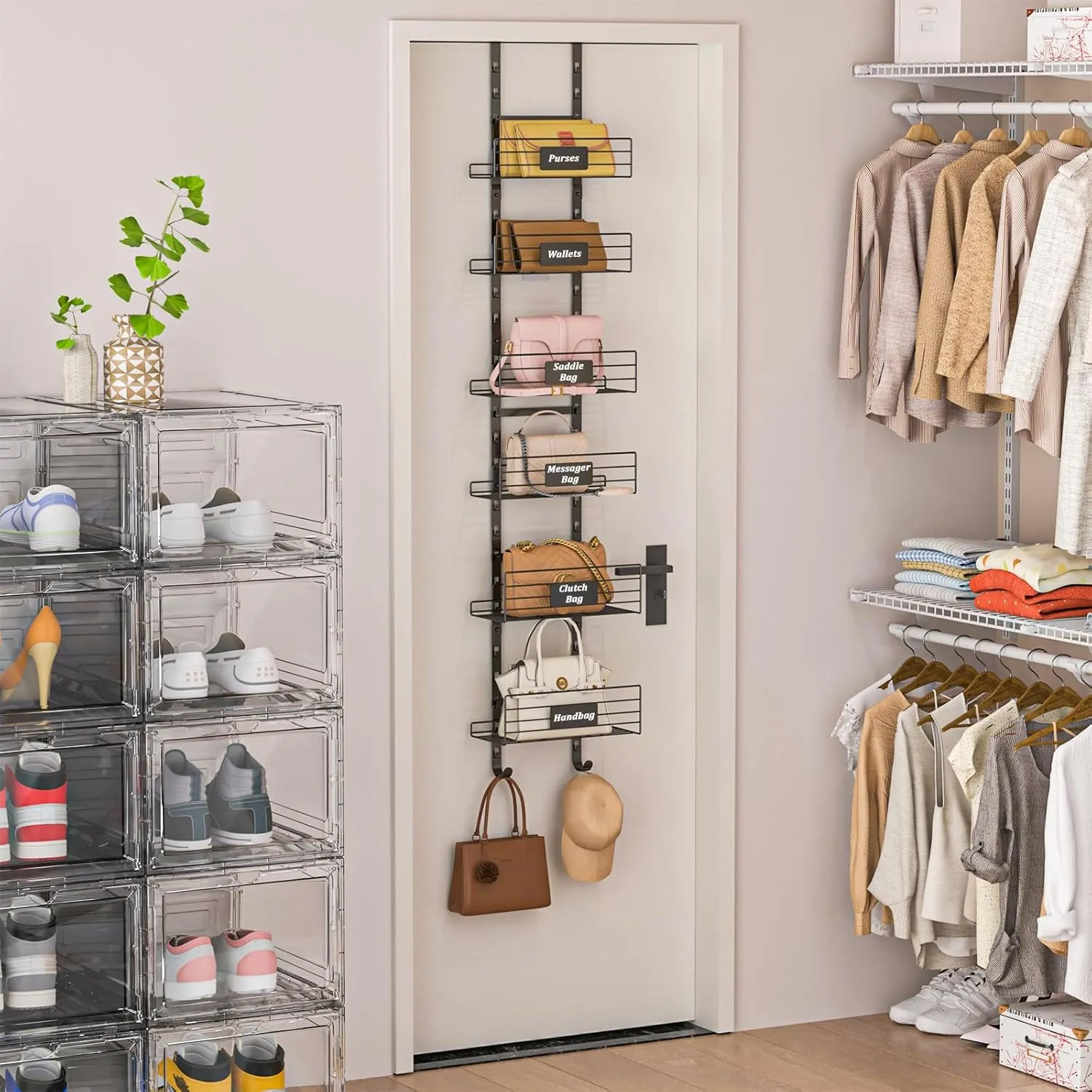 6 Tier Small Over The Door Purse Organizer with Bottom Hooks, Wall Mounted Detachable Handbag Storage Rack - Can Use As 1/2 Part, Iron Bag Organizer with Removable Baskets for Purse Storage