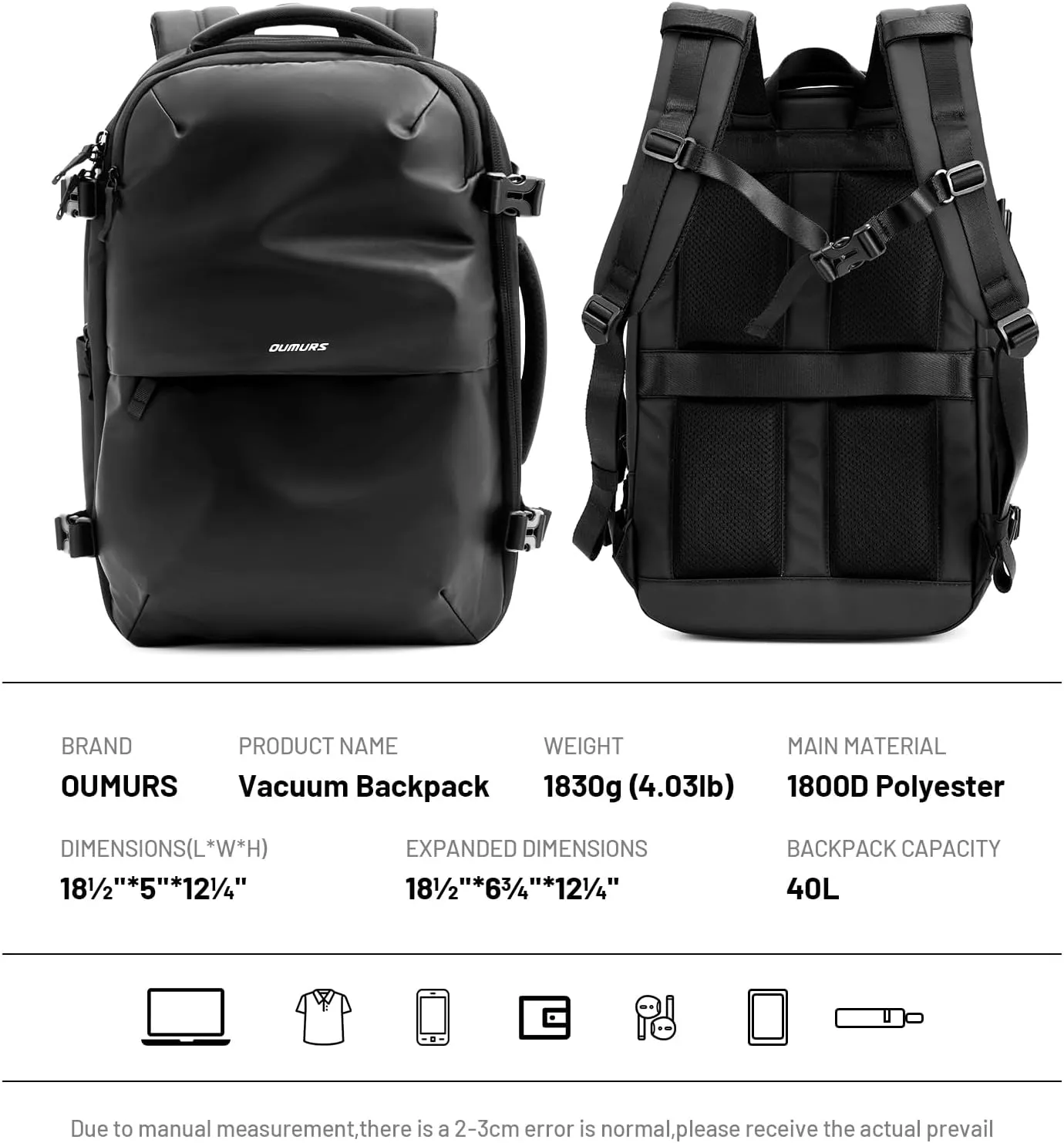 60L Expandable Vacuum Backpack with Air Pump for Long Travel with Vacuum Compression Pocket Large Capacity Water-resistant Black 1800D Oxford Fabric Lamination Fabric