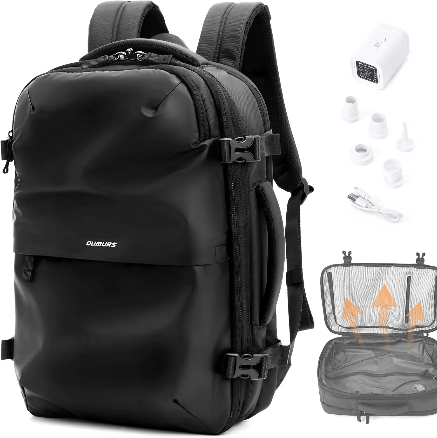 60L Expandable Vacuum Backpack with Air Pump for Long Travel with Vacuum Compression Pocket Large Capacity Water-resistant Black 1800D Oxford Fabric Lamination Fabric