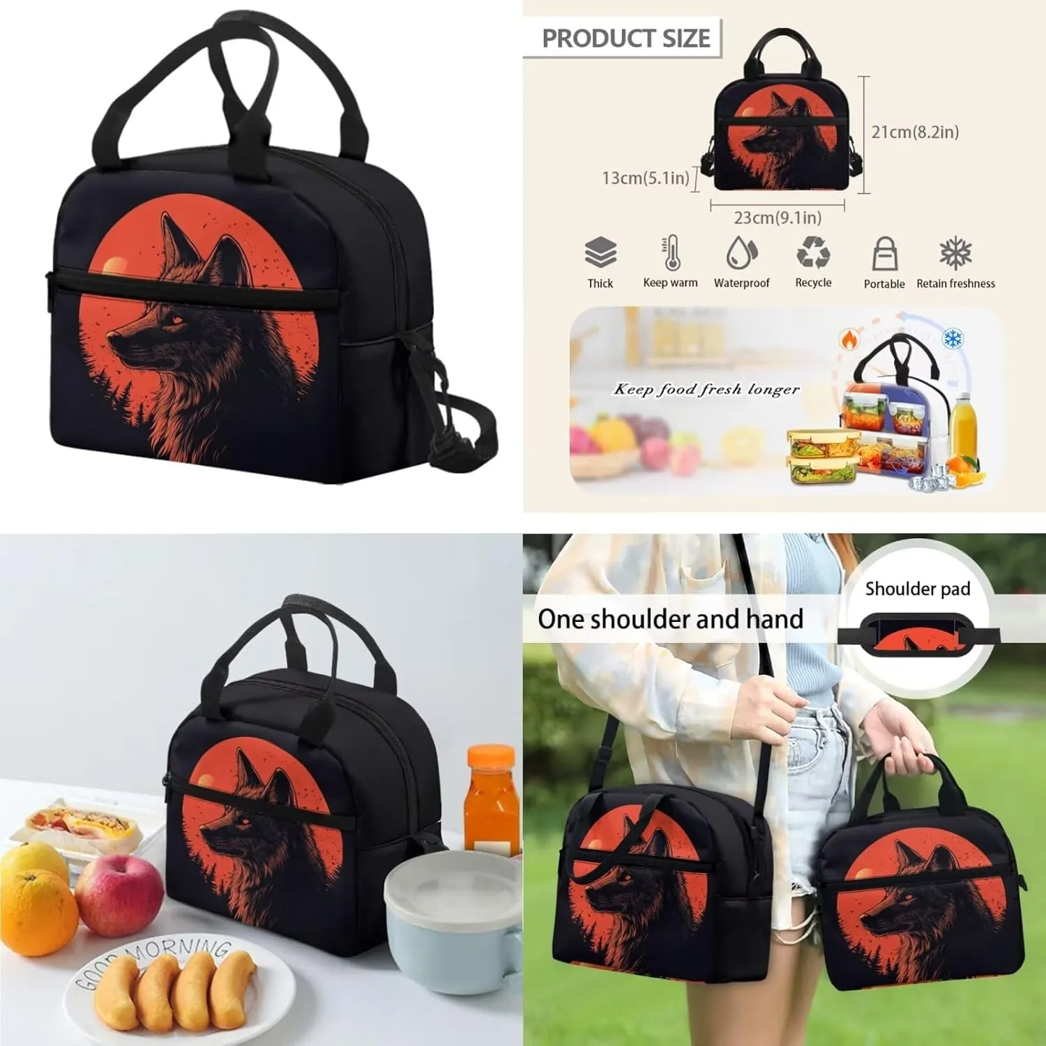 6th Grade Wolf Backpack Set for Boys Ages 11-12 with Lunch Box 3 Piece Lightweight School Bookbag Ergonomic Spacious Cool Middle School Backpacks for Teens