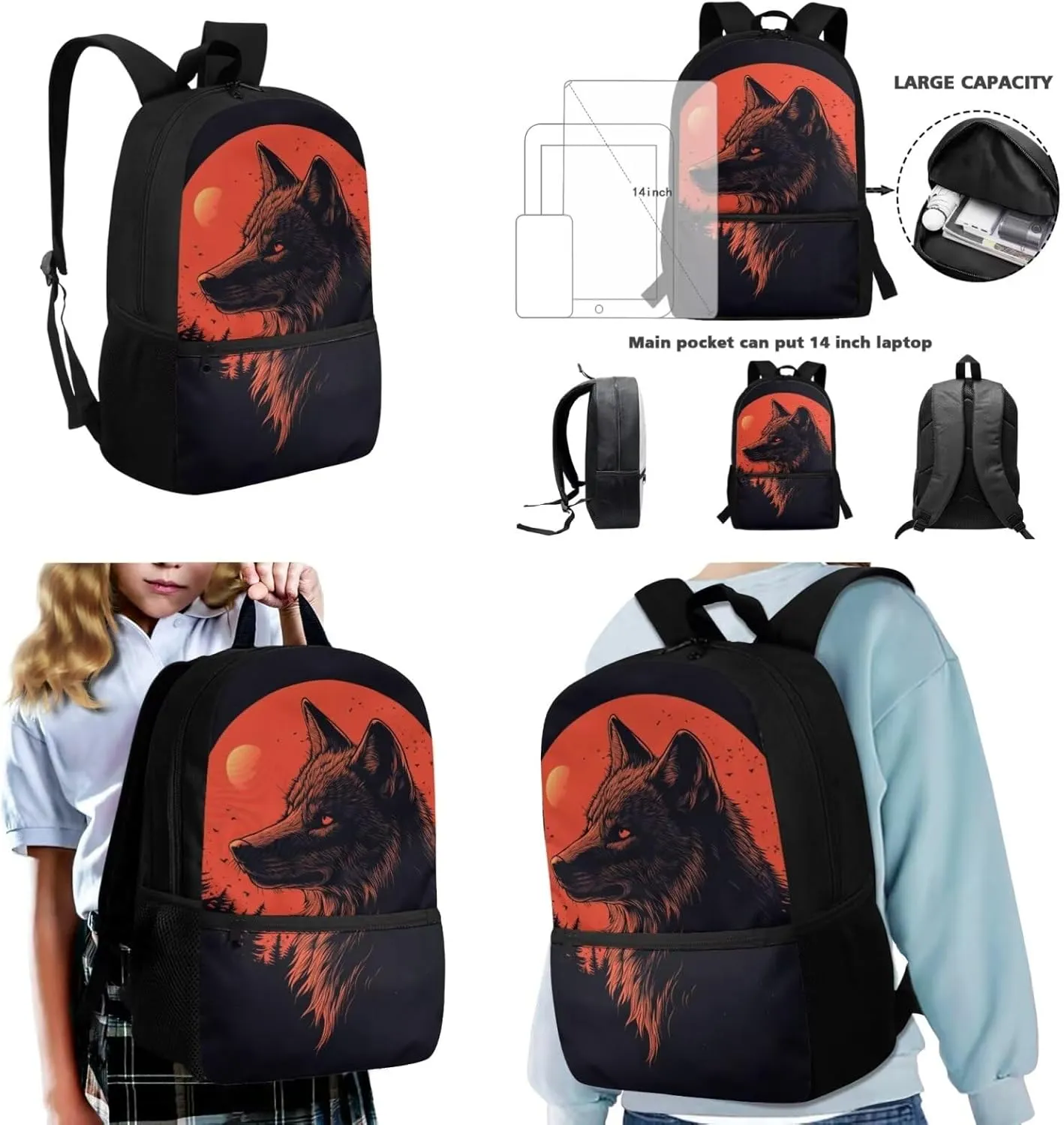6th Grade Wolf Backpack Set for Boys Ages 11-12 with Lunch Box 3 Piece Lightweight School Bookbag Ergonomic Spacious Cool Middle School Backpacks for Teens