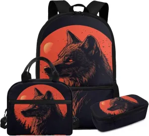 6th Grade Wolf Backpack Set for Boys Ages 11-12 with Lunch Box 3 Piece Lightweight School Bookbag Ergonomic Spacious Cool Middle School Backpacks for Teens