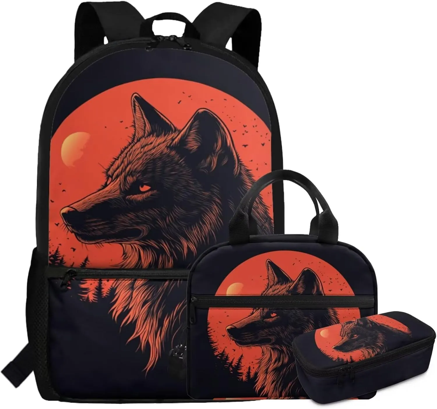 6th Grade Wolf Backpack Set for Boys Ages 11-12 with Lunch Box 3 Piece Lightweight School Bookbag Ergonomic Spacious Cool Middle School Backpacks for Teens
