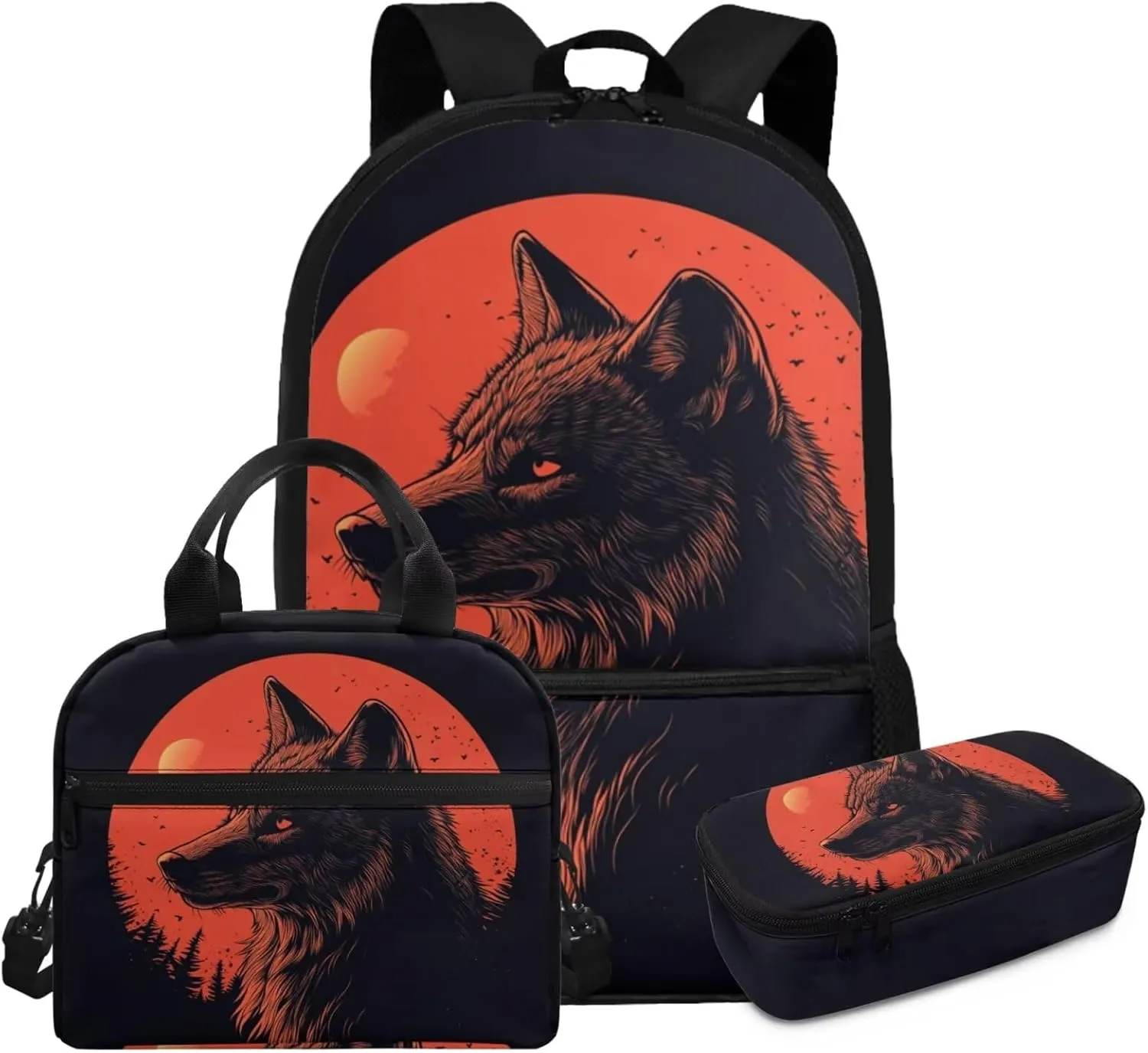 6th Grade Wolf Backpack Set for Boys Ages 11-12 with Lunch Box 3 Piece Lightweight School Bookbag Ergonomic Spacious Cool Middle School Backpacks for Teens