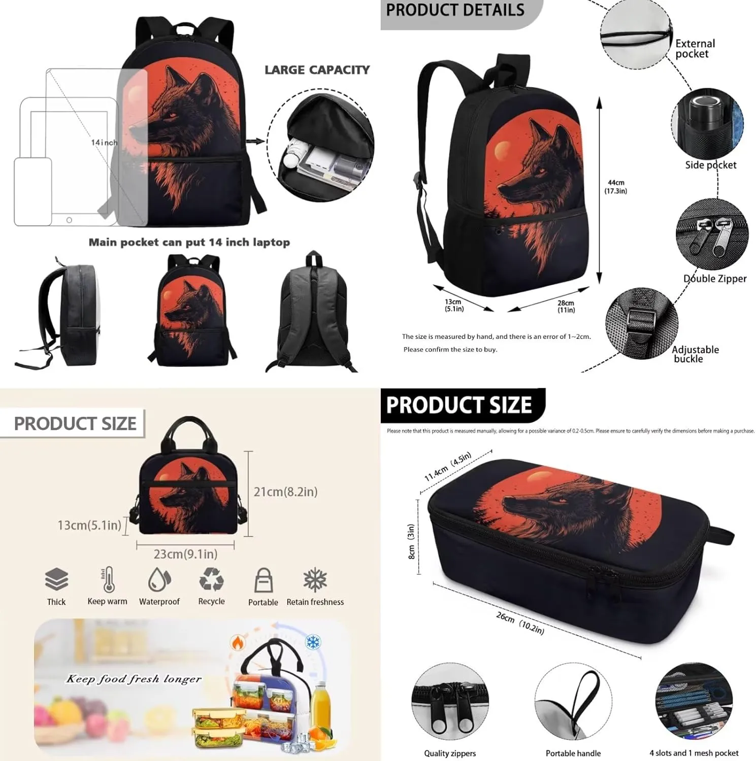 6th Grade Wolf Backpack Set for Boys Ages 11-12 with Lunch Box 3 Piece Lightweight School Bookbag Ergonomic Spacious Cool Middle School Backpacks for Teens