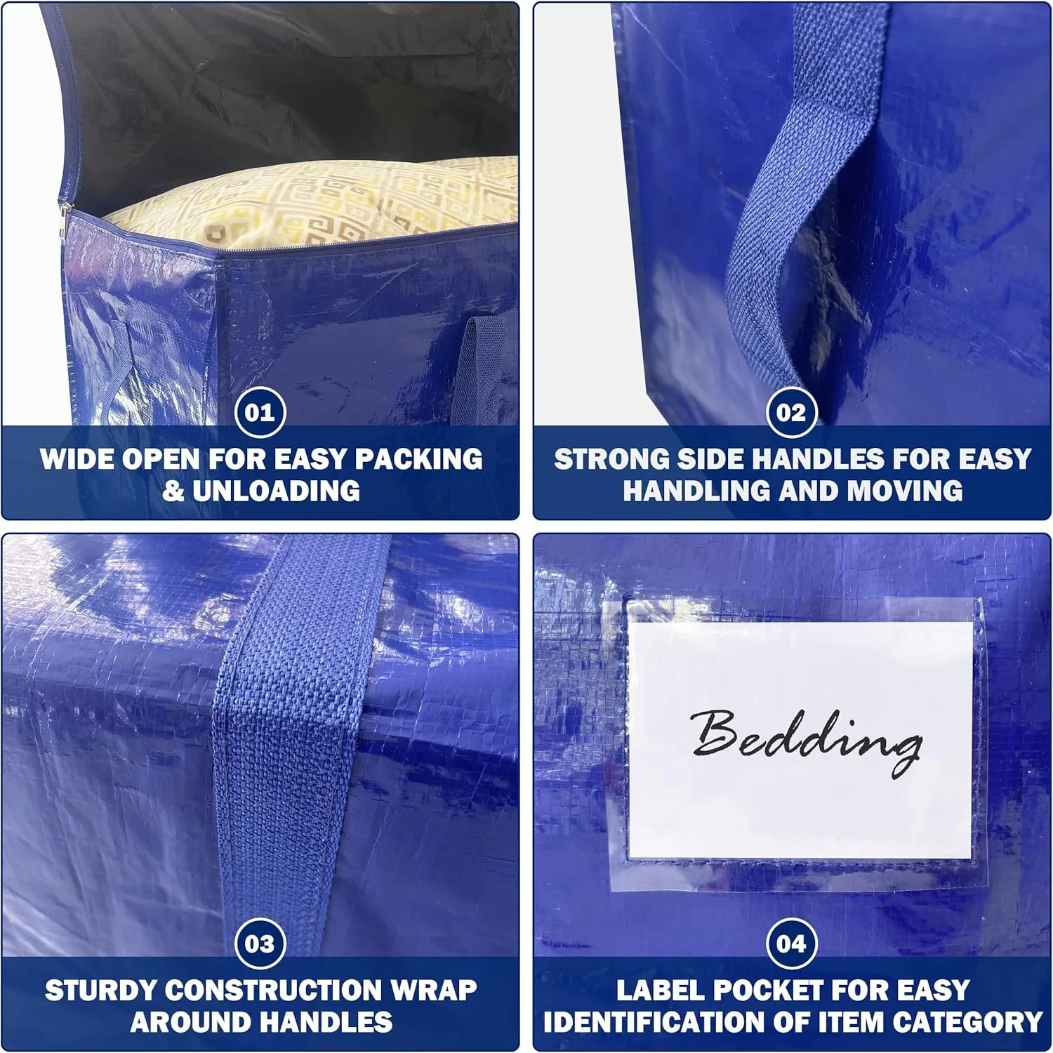 8 Pack Extra Heavy Duty Large Moving Bags with Strong Zipper & Carrying Handles, Sturdy Clothes Storage Bag Totes Bins, Packing Bags Moving Boxes College Moving Supplies, Dark Blue - 40 gal