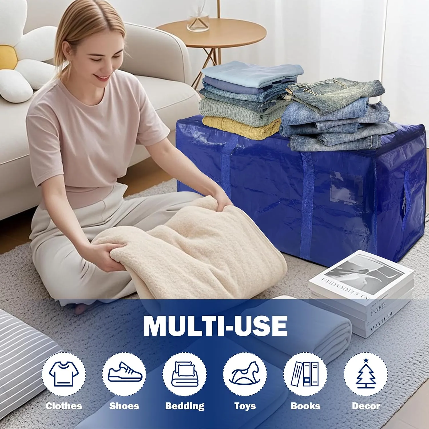 8 Pack Extra Heavy Duty Large Moving Bags with Strong Zipper & Carrying Handles, Sturdy Clothes Storage Bag Totes Bins, Packing Bags Moving Boxes College Moving Supplies, Dark Blue - 40 gal