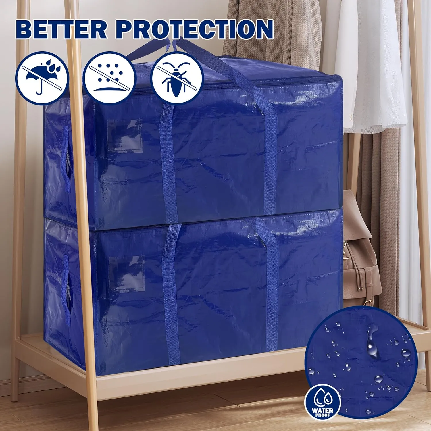 8 Pack Extra Heavy Duty Large Moving Bags with Strong Zipper & Carrying Handles, Sturdy Clothes Storage Bag Totes Bins, Packing Bags Moving Boxes College Moving Supplies, Dark Blue - 40 gal