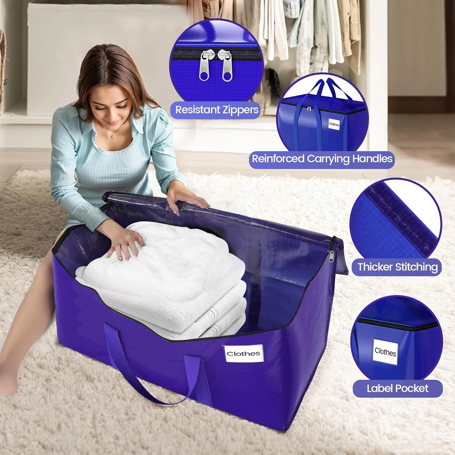 8 Pack Moving Storage Bags Heavy-Duty with Zippers and Reinforced Handles, Moving Supplies Packing Boxes for Moving, Storing, Saving Space, Blue Plastic Storage Totes 93 L (24 Gallon)