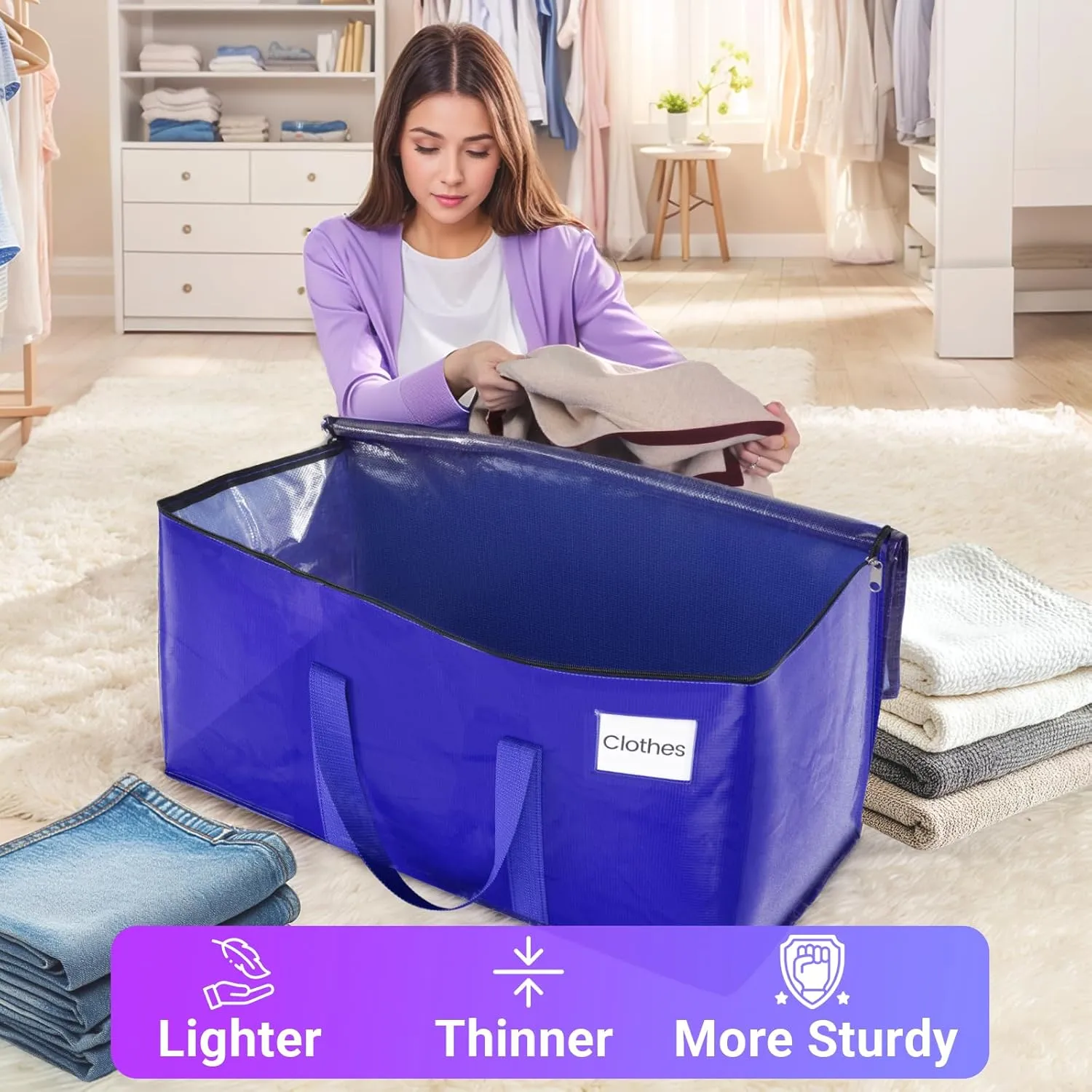 8 Pack Moving Storage Bags Heavy-Duty with Zippers and Reinforced Handles, Moving Supplies Packing Boxes for Moving, Storing, Saving Space, Blue Plastic Storage Totes 93 L (24 Gallon)