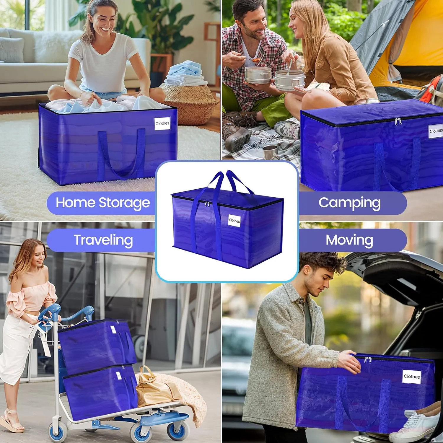 8 Pack Moving Storage Bags Heavy-Duty with Zippers and Reinforced Handles, Moving Supplies Packing Boxes for Moving, Storing, Saving Space, Blue Plastic Storage Totes 93 L (24 Gallon)